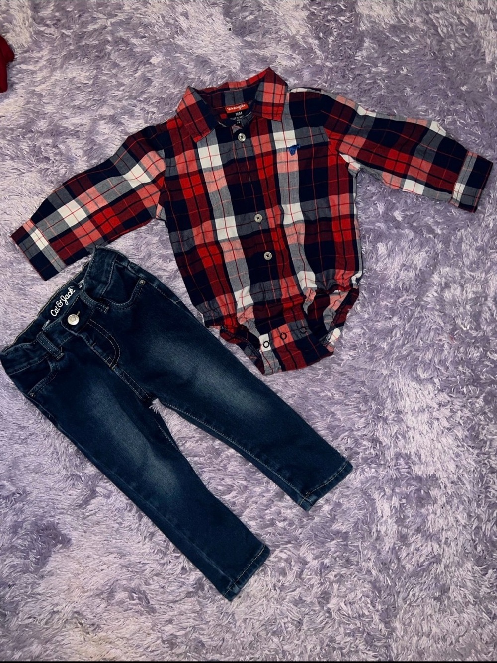 Cat & Jack Red Navy White Plaid Button-Up Onesie with Dark Denim Jeans 18M